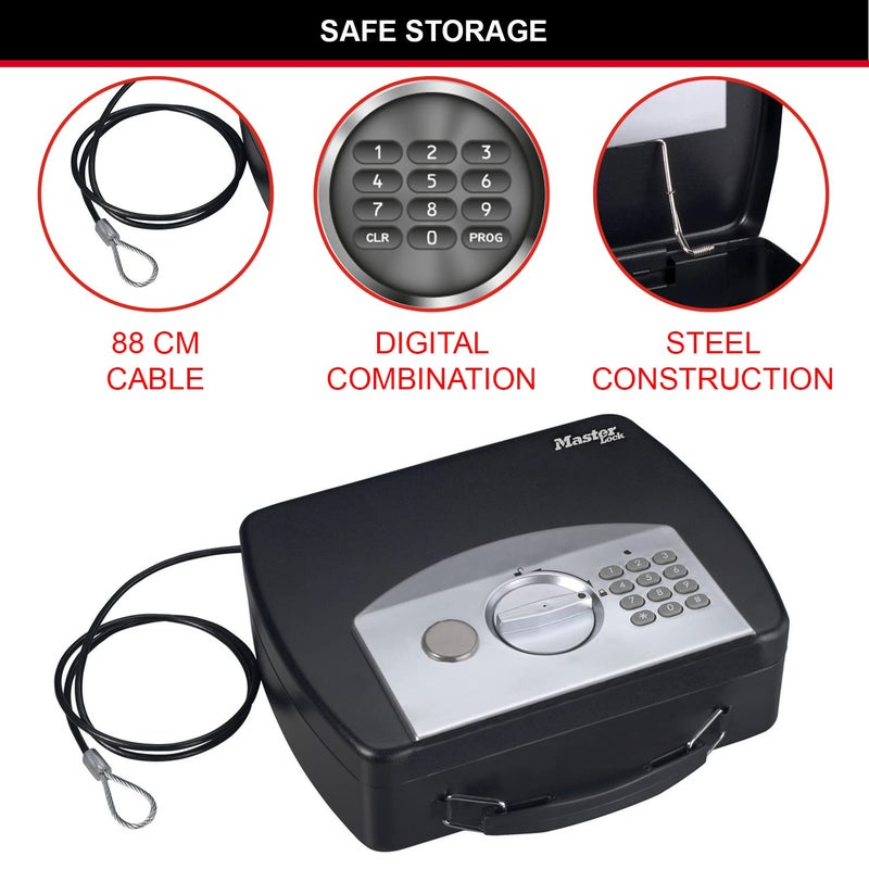 Master Lock P008EML Compact Portable Safe (Combination with Cable), Black/Grey - Image 5